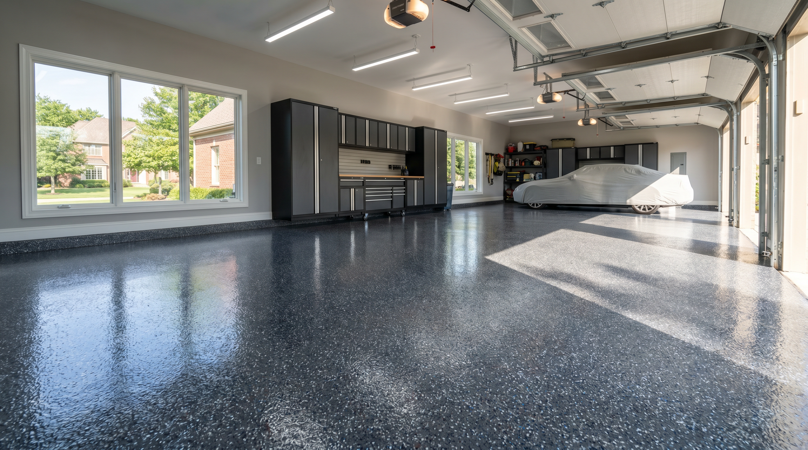 Charcoal epoxy garage floor with decorative flake chips