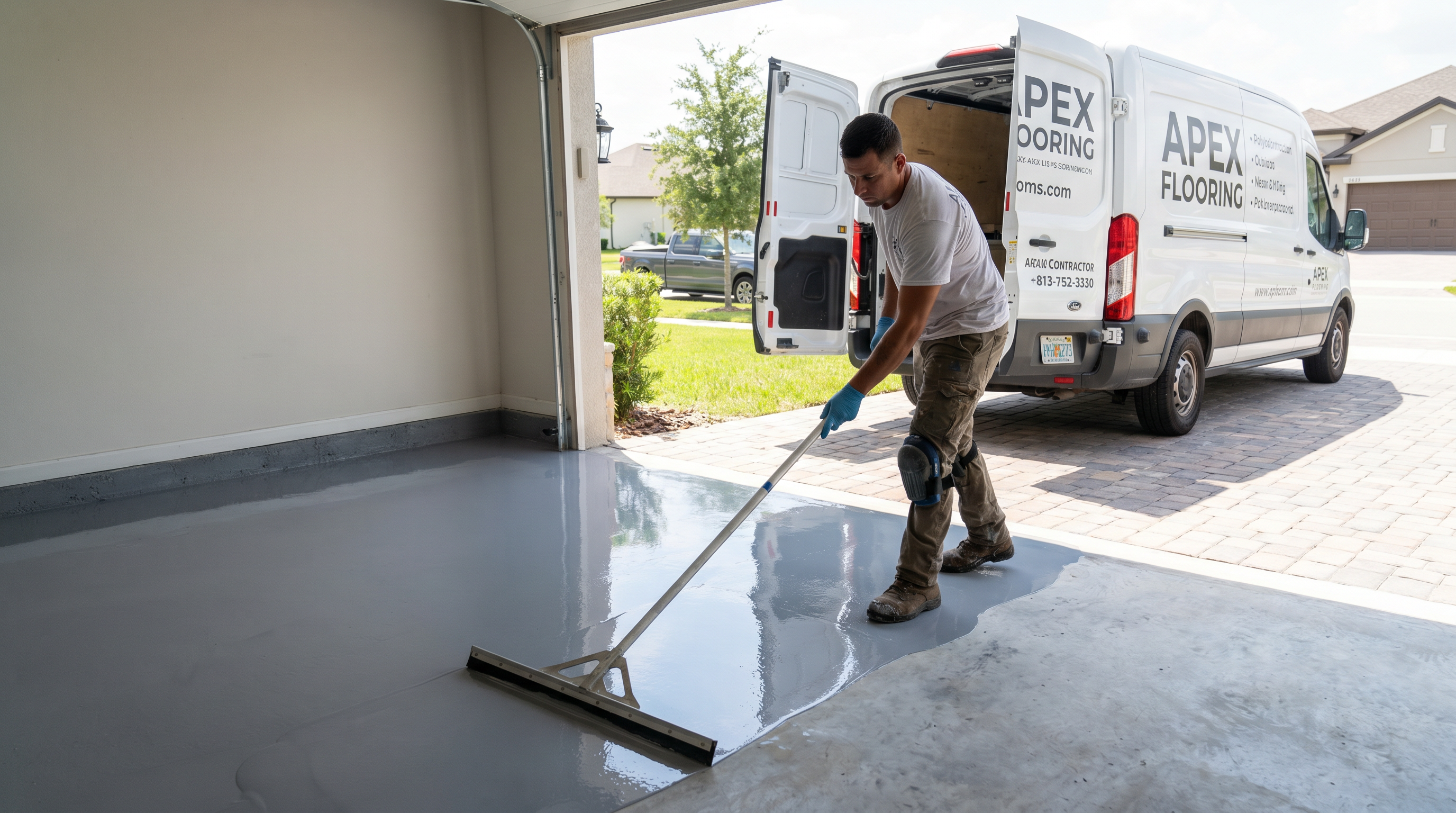 Professional contractor applying epoxy floor coating