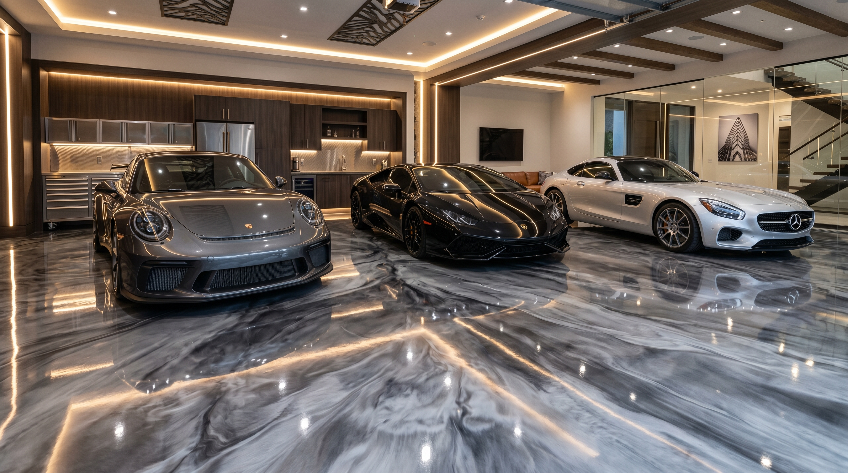 Metallic epoxy floor with swirling silver pattern