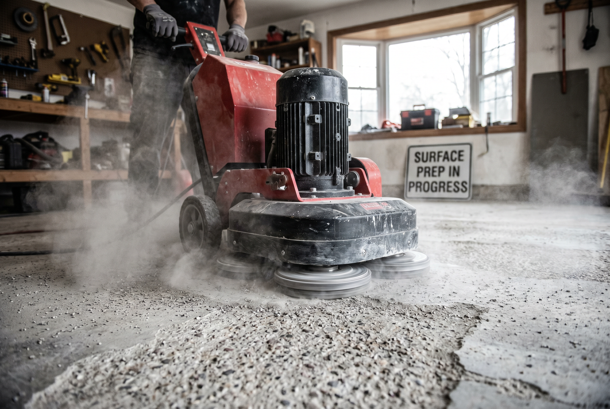 Industrial diamond grinder preparing concrete for epoxy coating