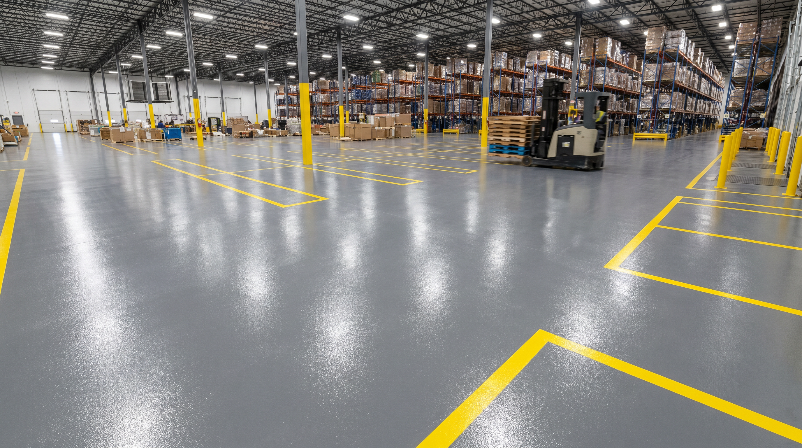Commercial epoxy floor coating in warehouse