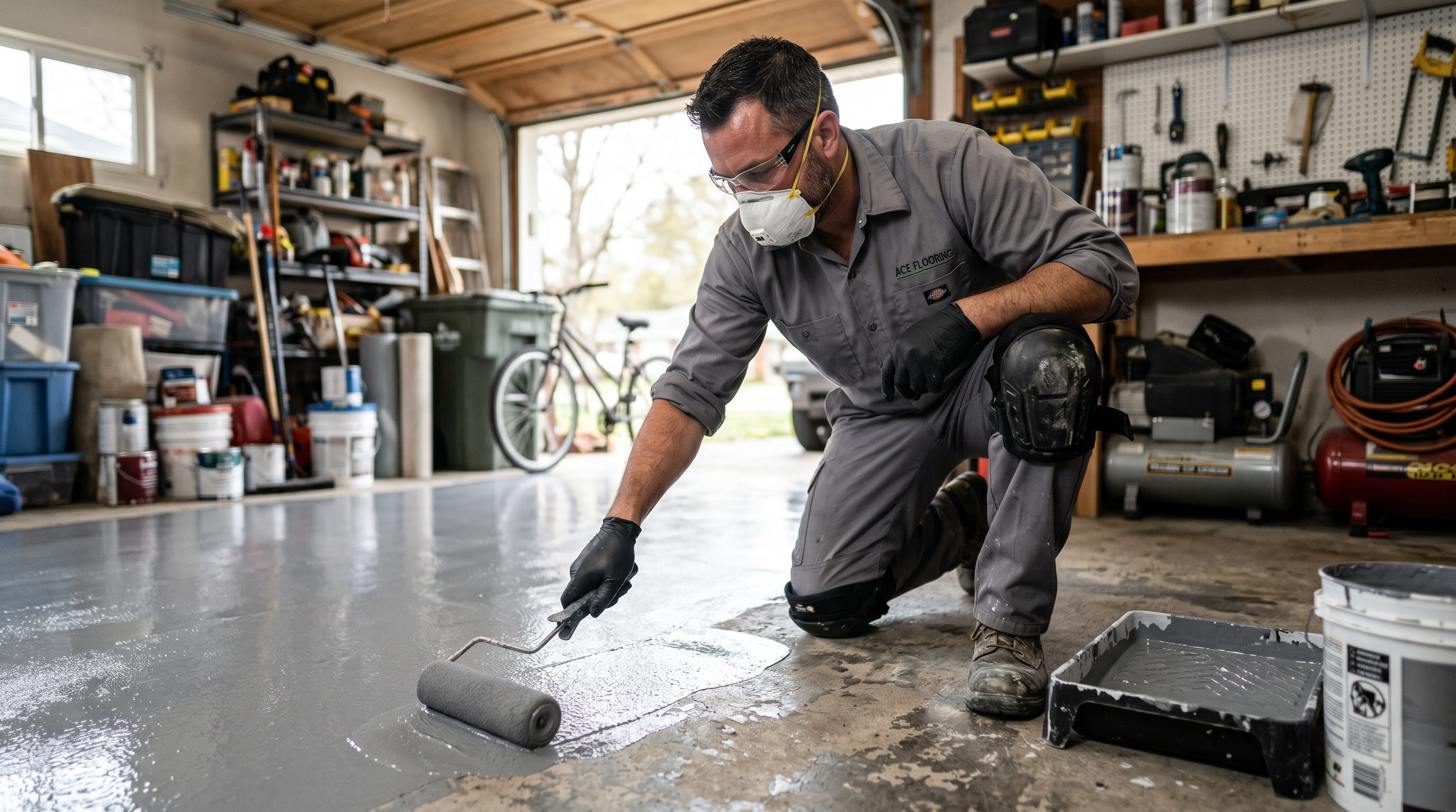 Professional contractor applying epoxy floor coating with roller