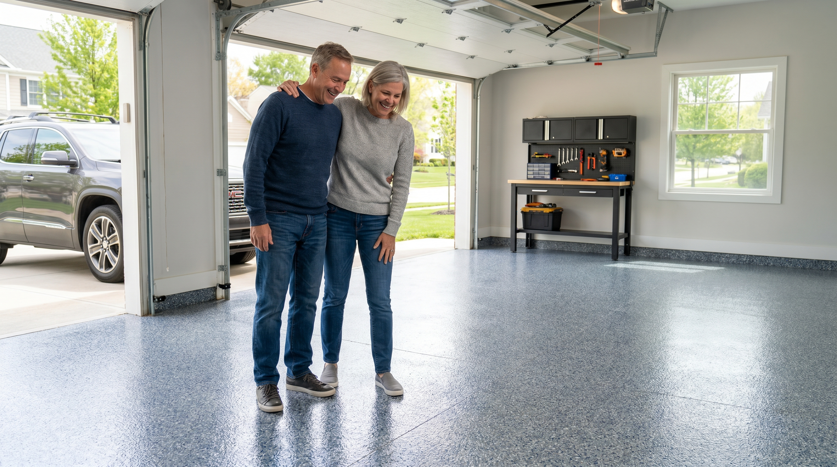 Happy homeowners in their newly coated garage in Indiana