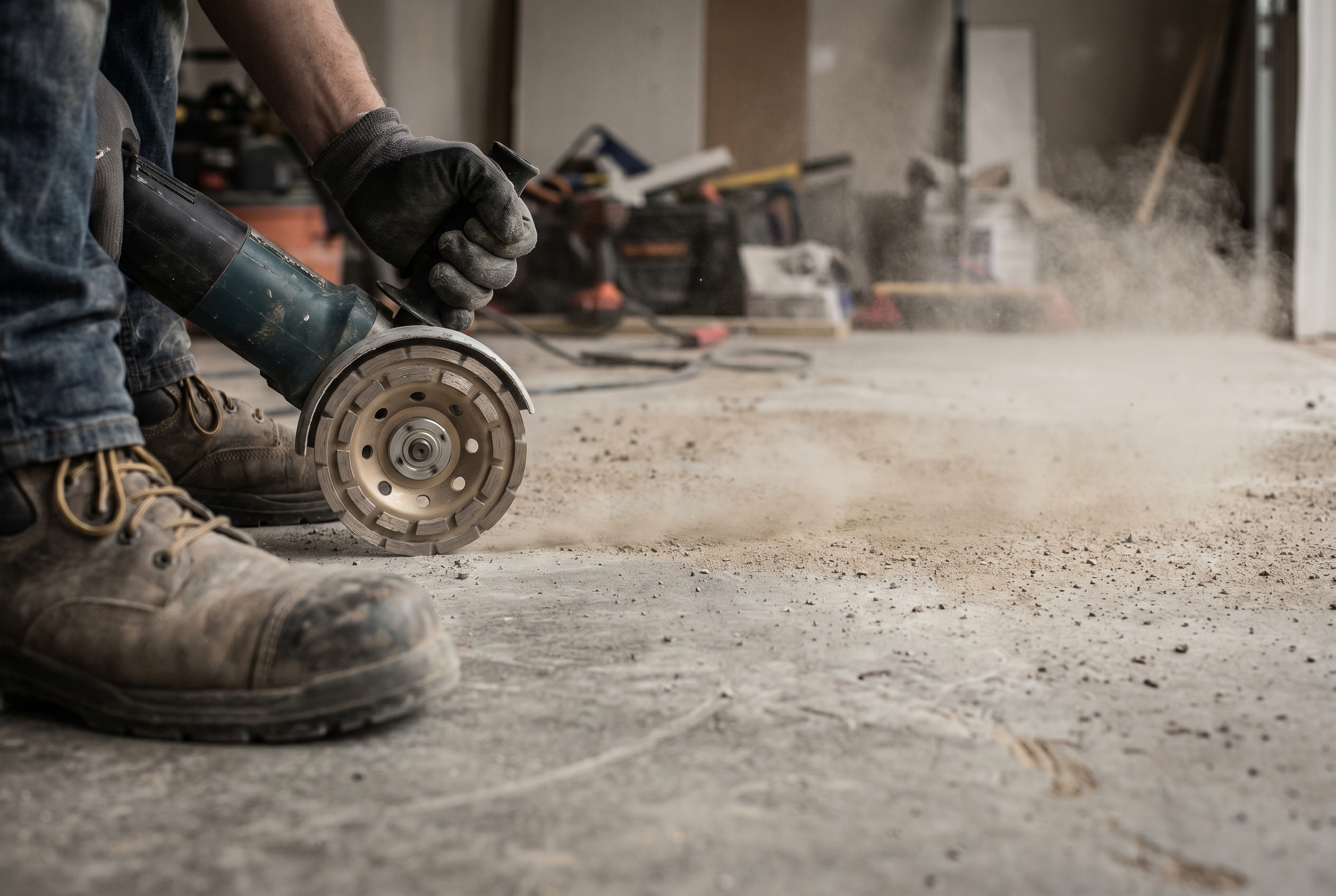 Diamond grinding concrete floor before epoxy coating installation