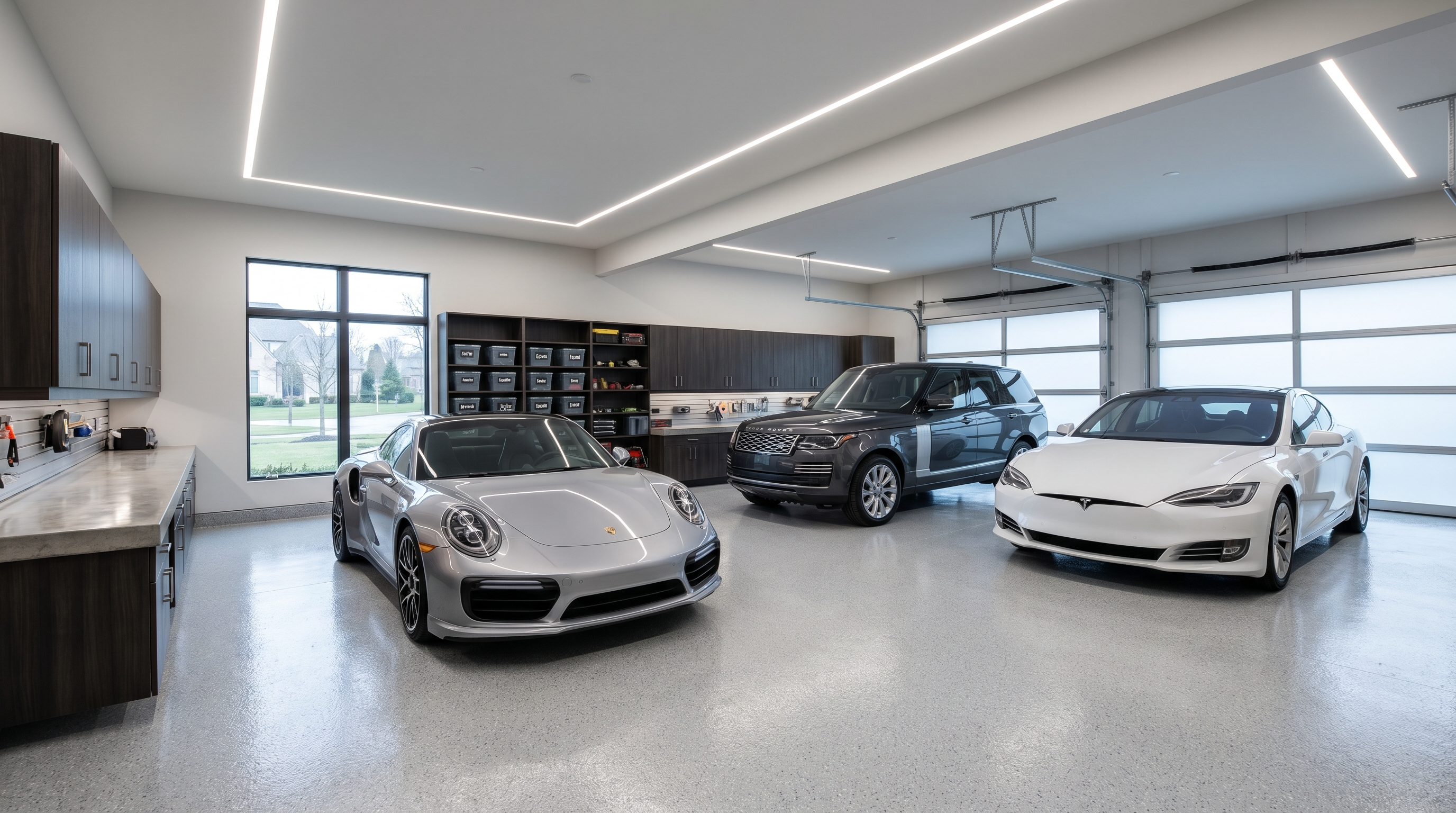 Luxury three-car garage with polyaspartic floor coating, Carmel Indiana