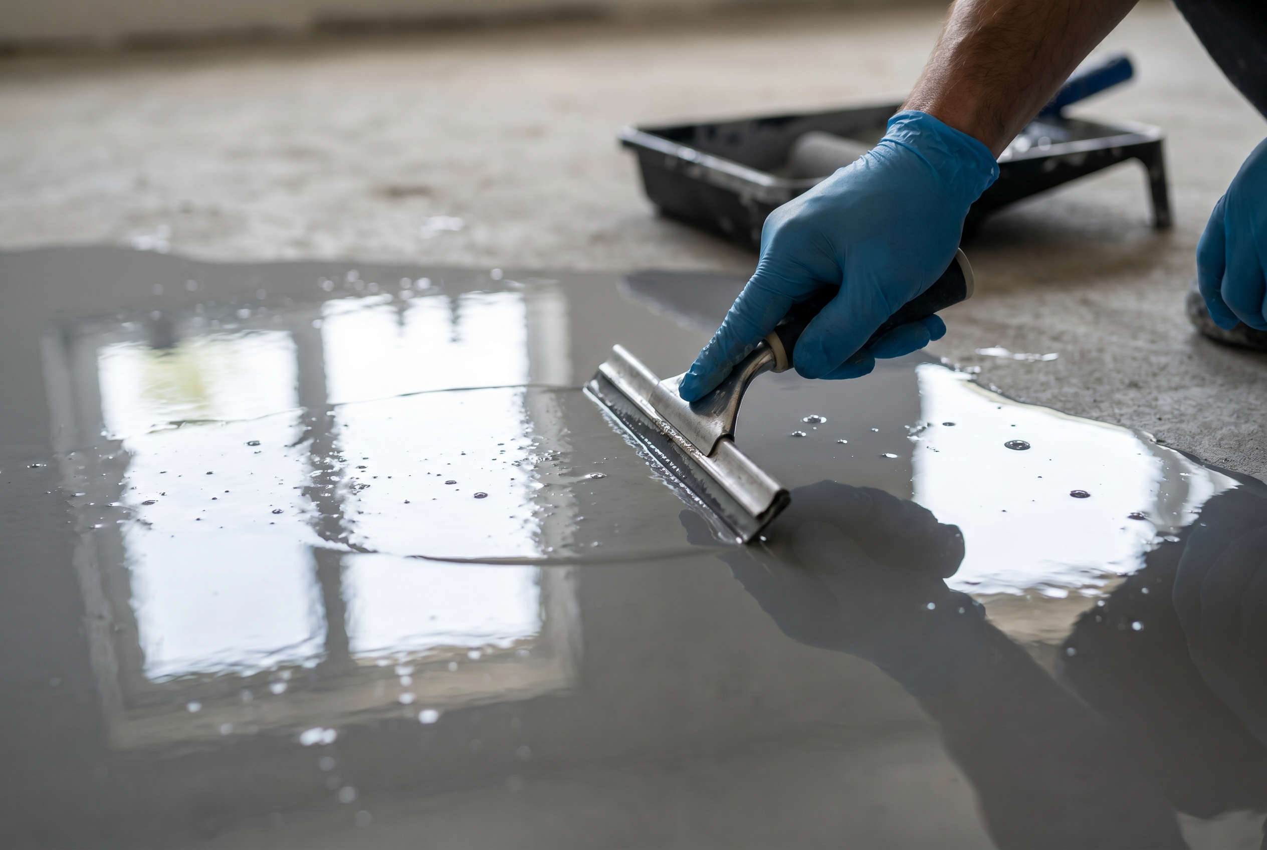 Worker spreading epoxy coating with professional squeegee