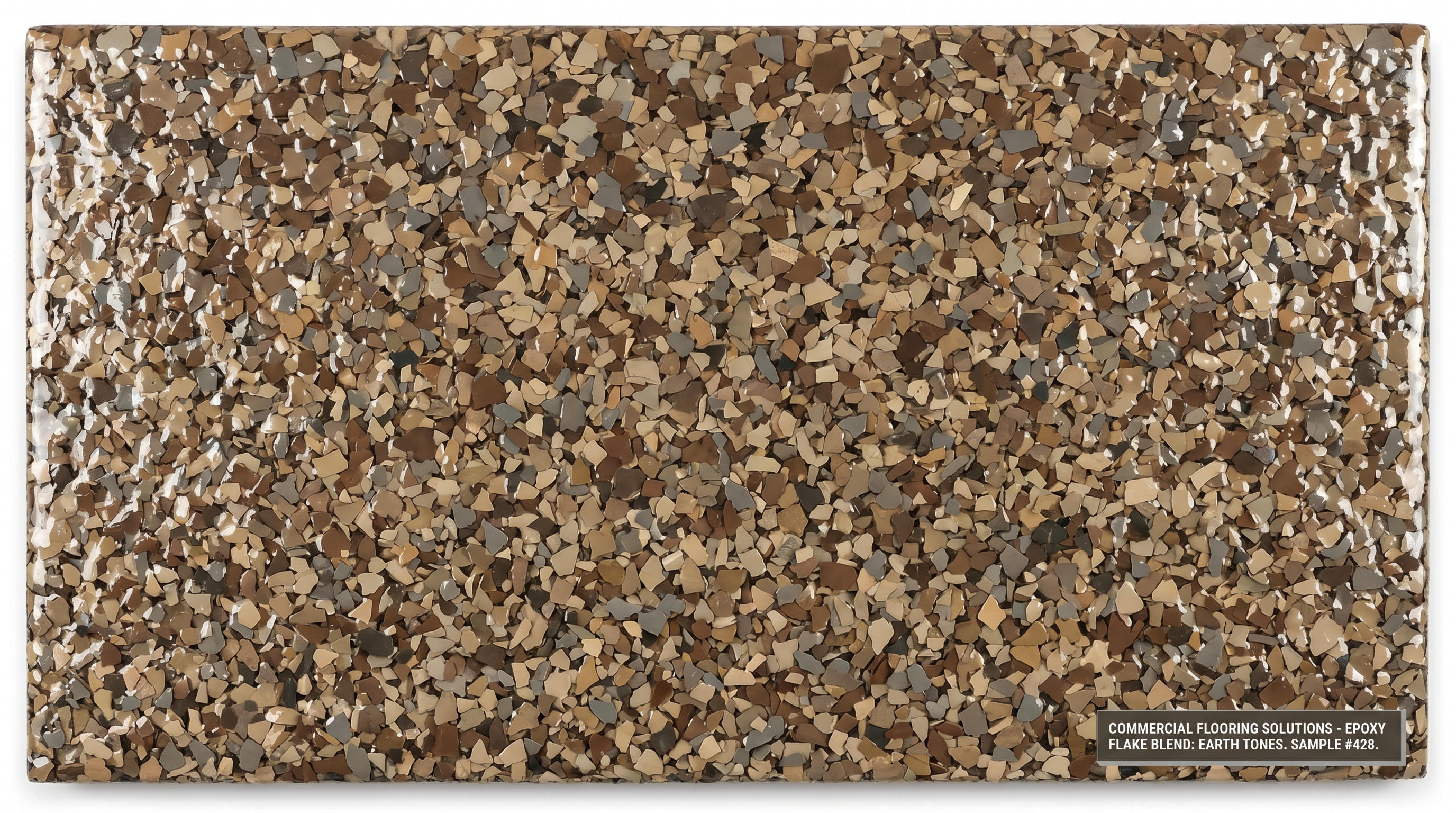 Overhead view of multicolor vinyl flake chips in glossy epoxy coating