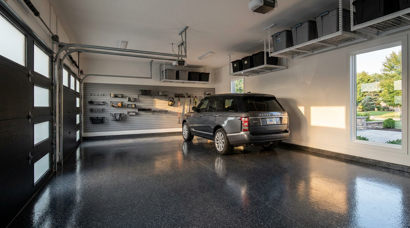 Luxury 3-car garage with charcoal flake epoxy floor and storage system
