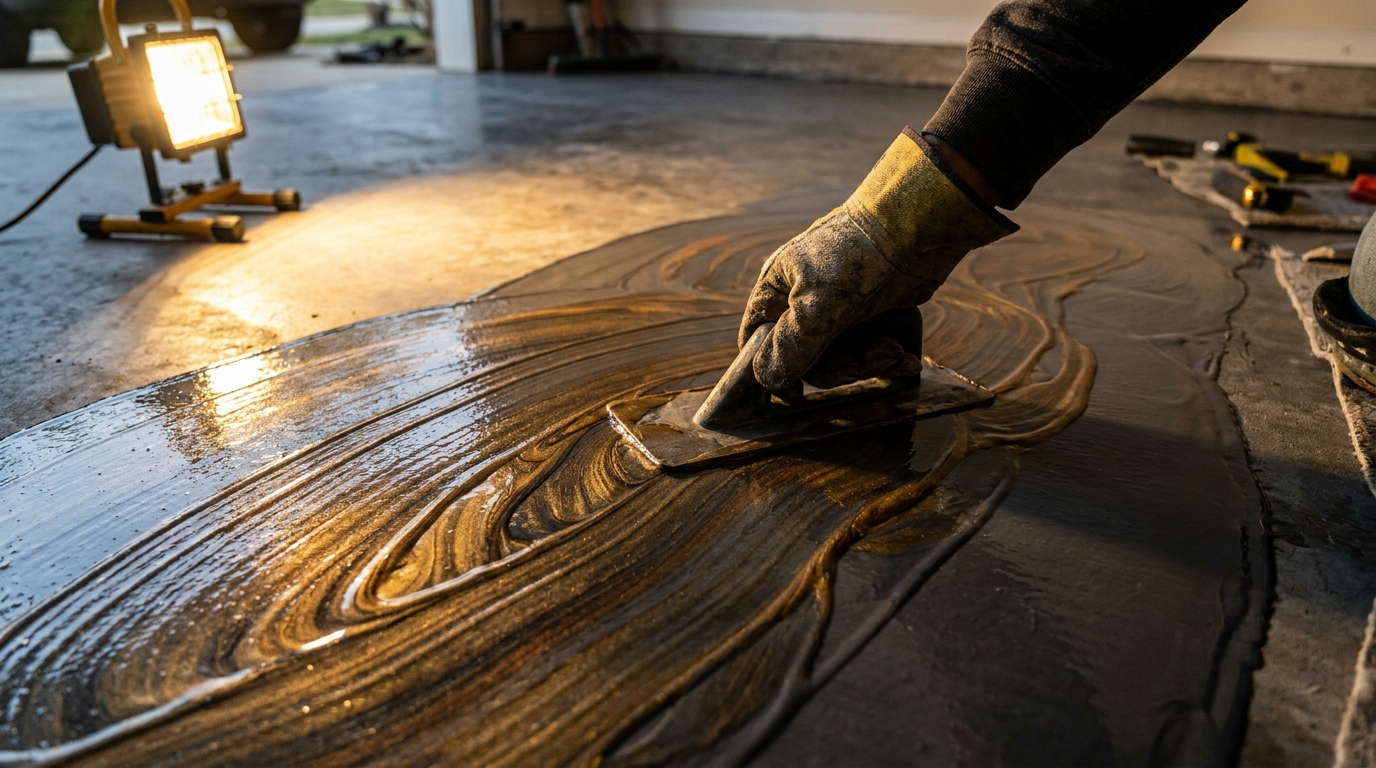 Contractor applying gold metallic epoxy pigment swirls into wet base coat