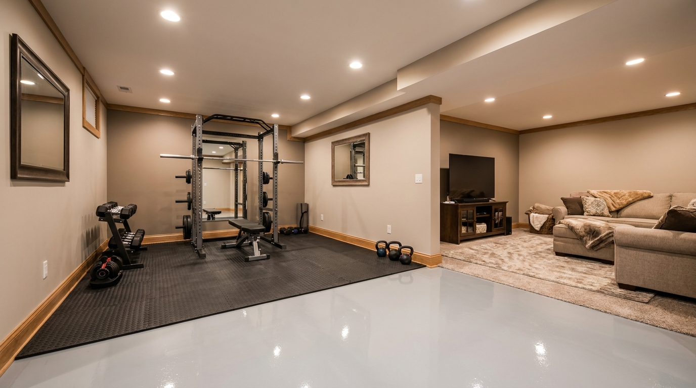 Finished basement floor coating with home gym setup