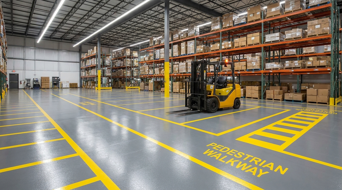 Commercial warehouse floor coating with safety striping and forklift