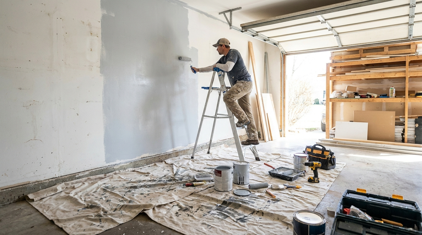 Contractor painting garage wall during remodel