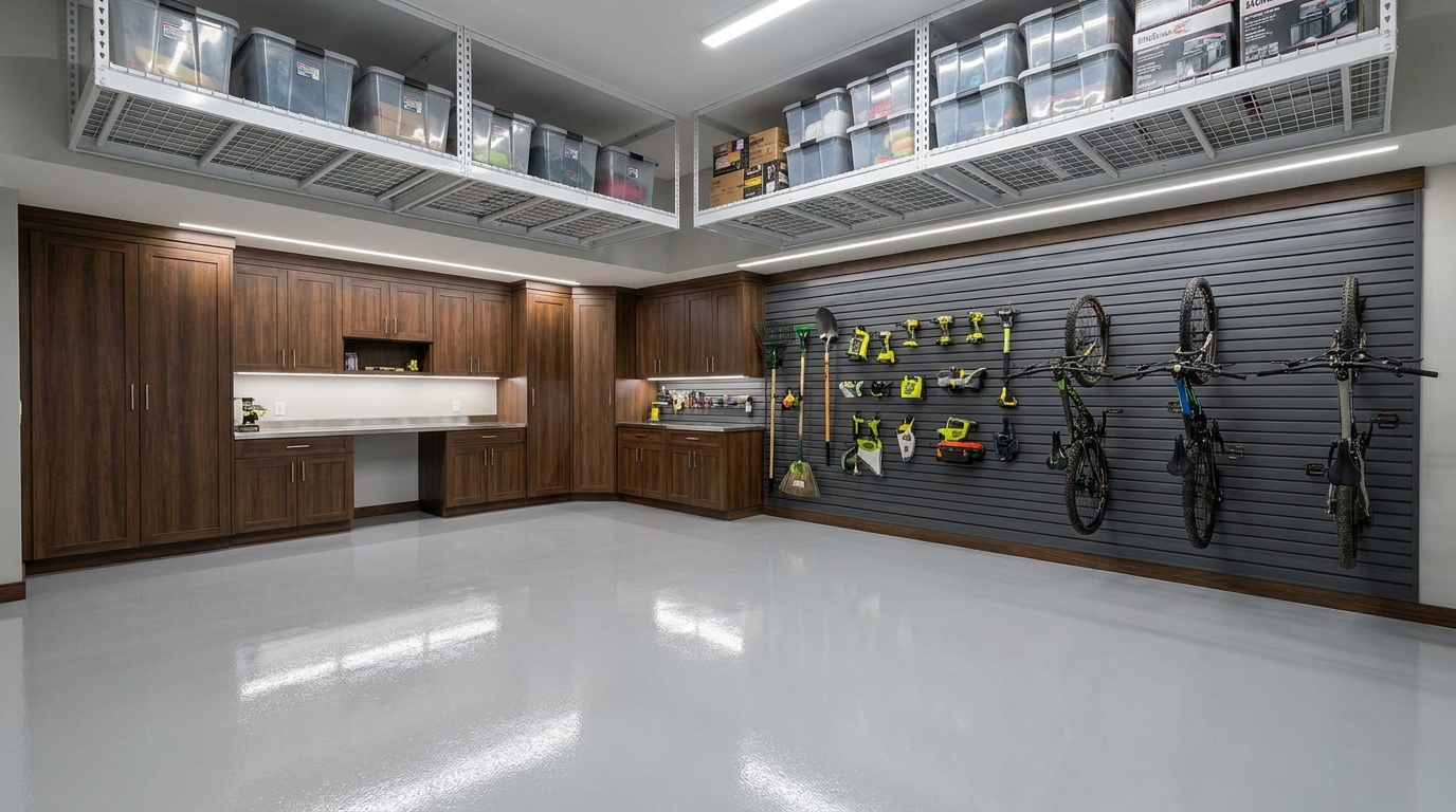 Finished garage with custom storage system and slatwall