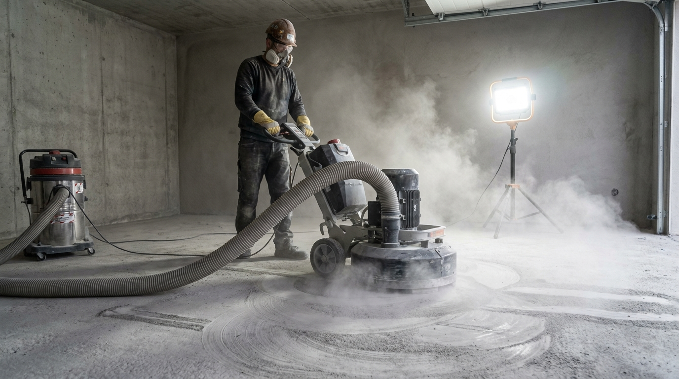 Diamond grinding machine preparing concrete garage floor