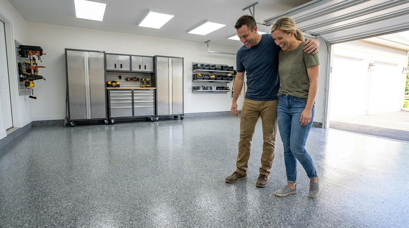 Happy homeowners admiring their newly coated garage floor