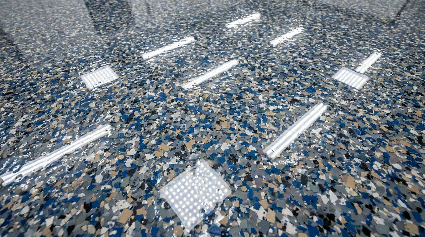Overhead view of polyaspartic garage floor with decorative flake broadcast