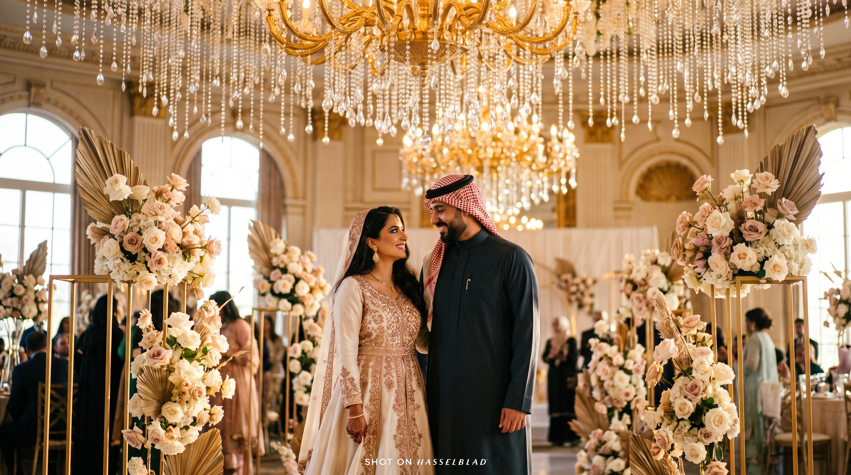 Luxury Arabic wedding reception with gold chandeliers in Indianapolis — Layaly Indiana