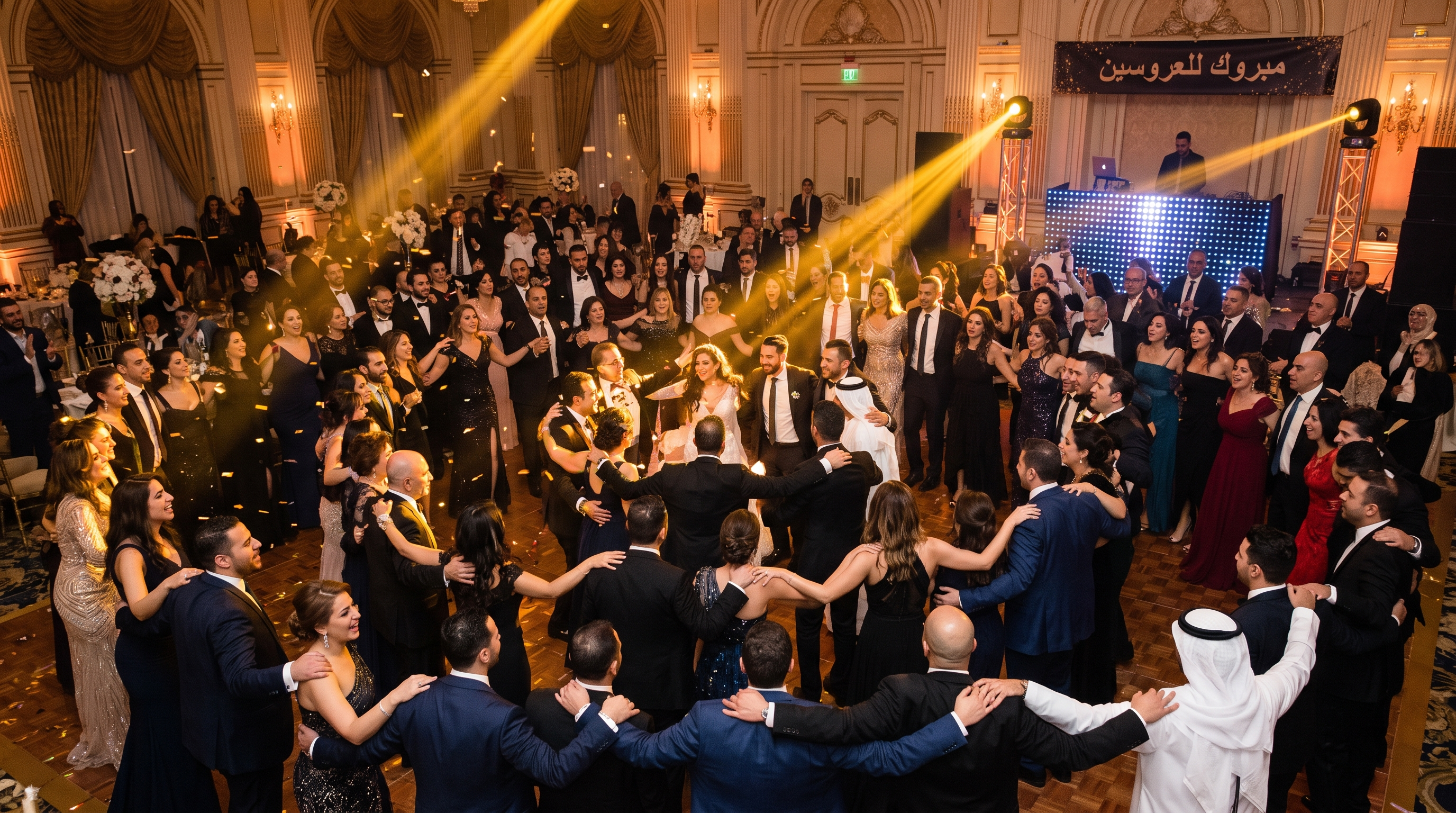 Arabic wedding dance floor with guests dancing dabke — Layaly Indiana Indianapolis
