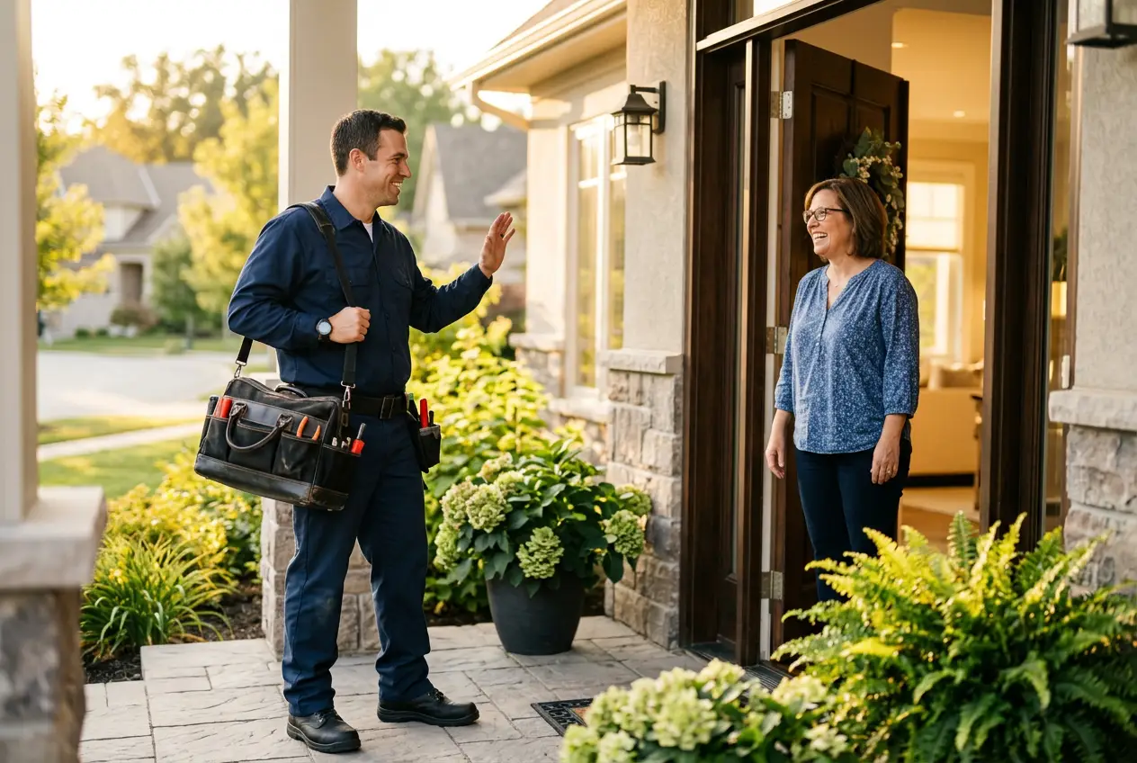 Wrenchward plumber greeting a homeowner at their front door
