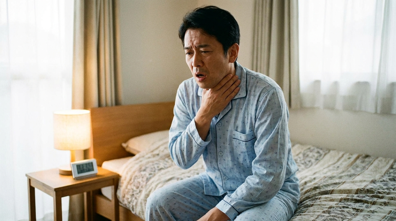 喉を抑える男性