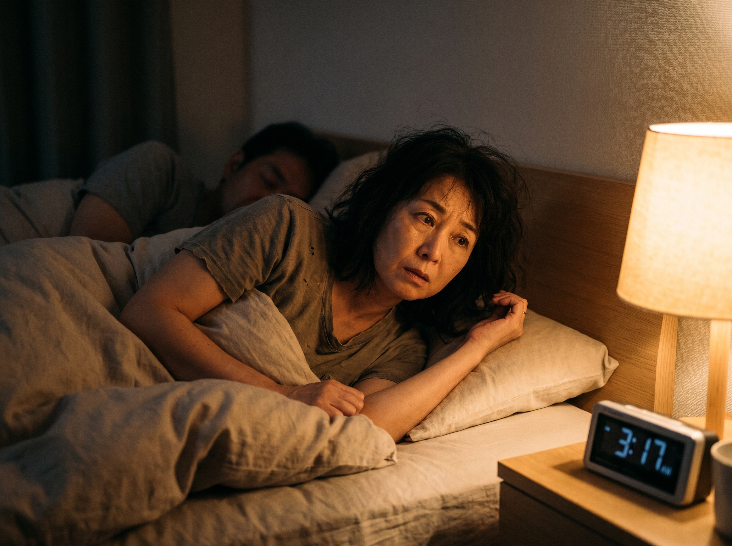 夜、眠れず心配する妻