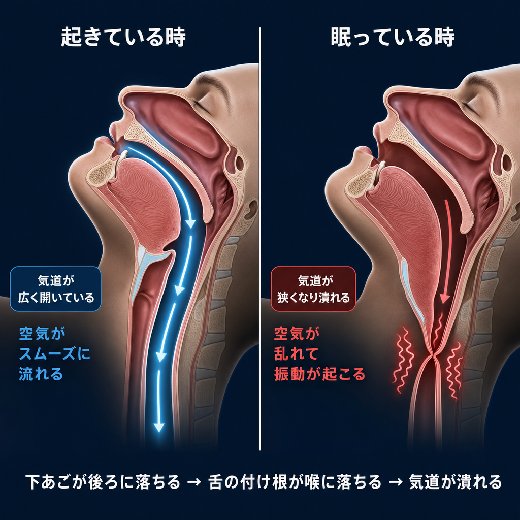 起きている時と眠っている時の気道比較