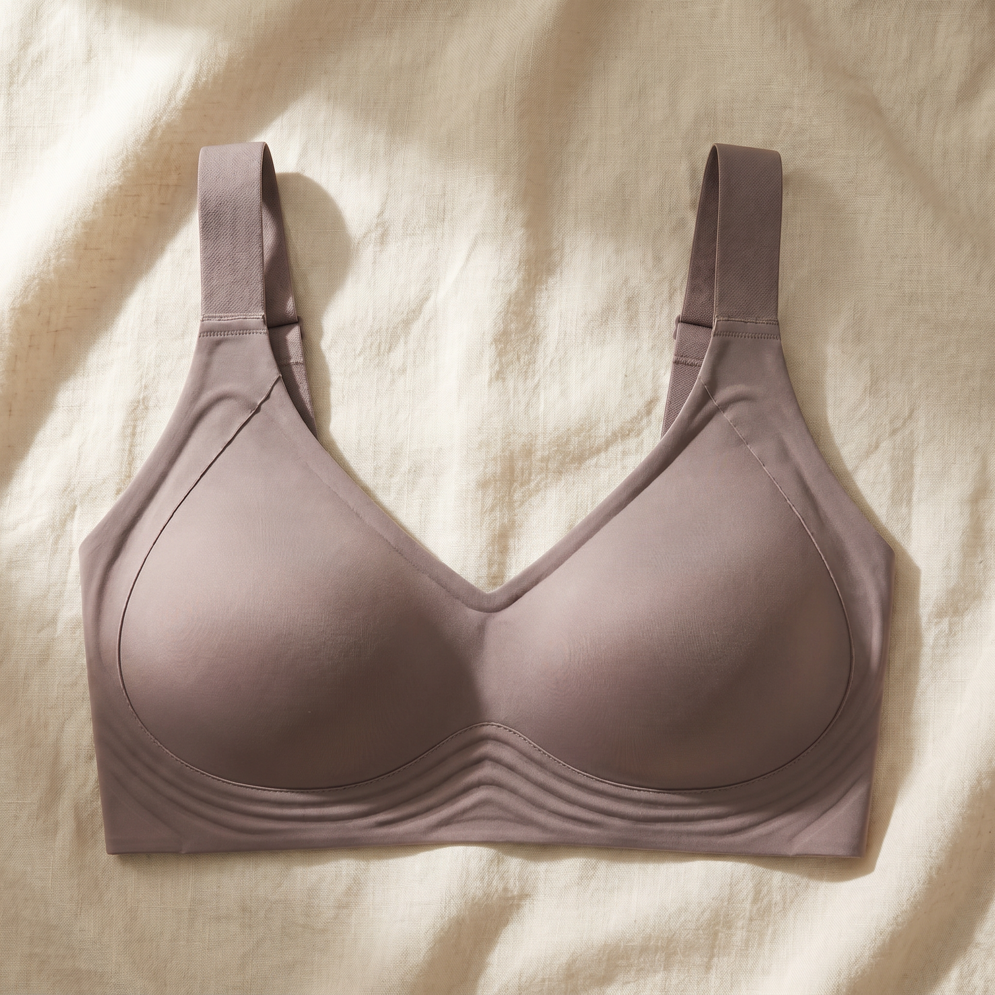 Brassière café CURVILINES sans armature posée à plat sur lin crème, vue produit