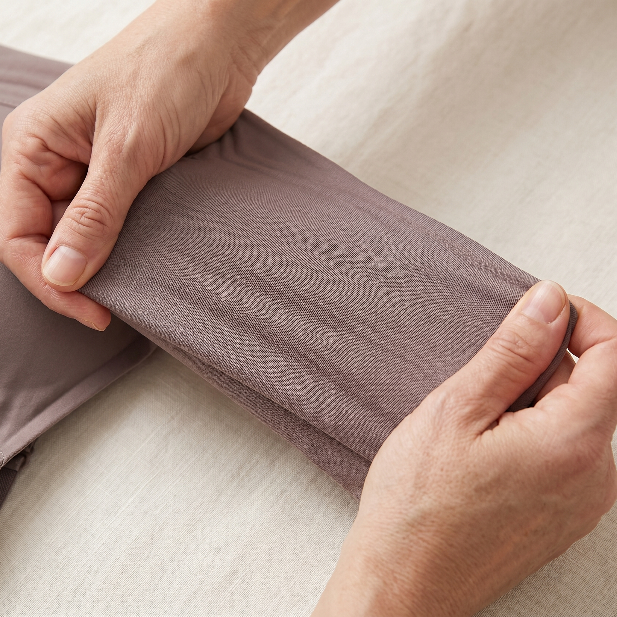Mains qui étirent le tissu café extensible de la brassière, démonstration 4 directions