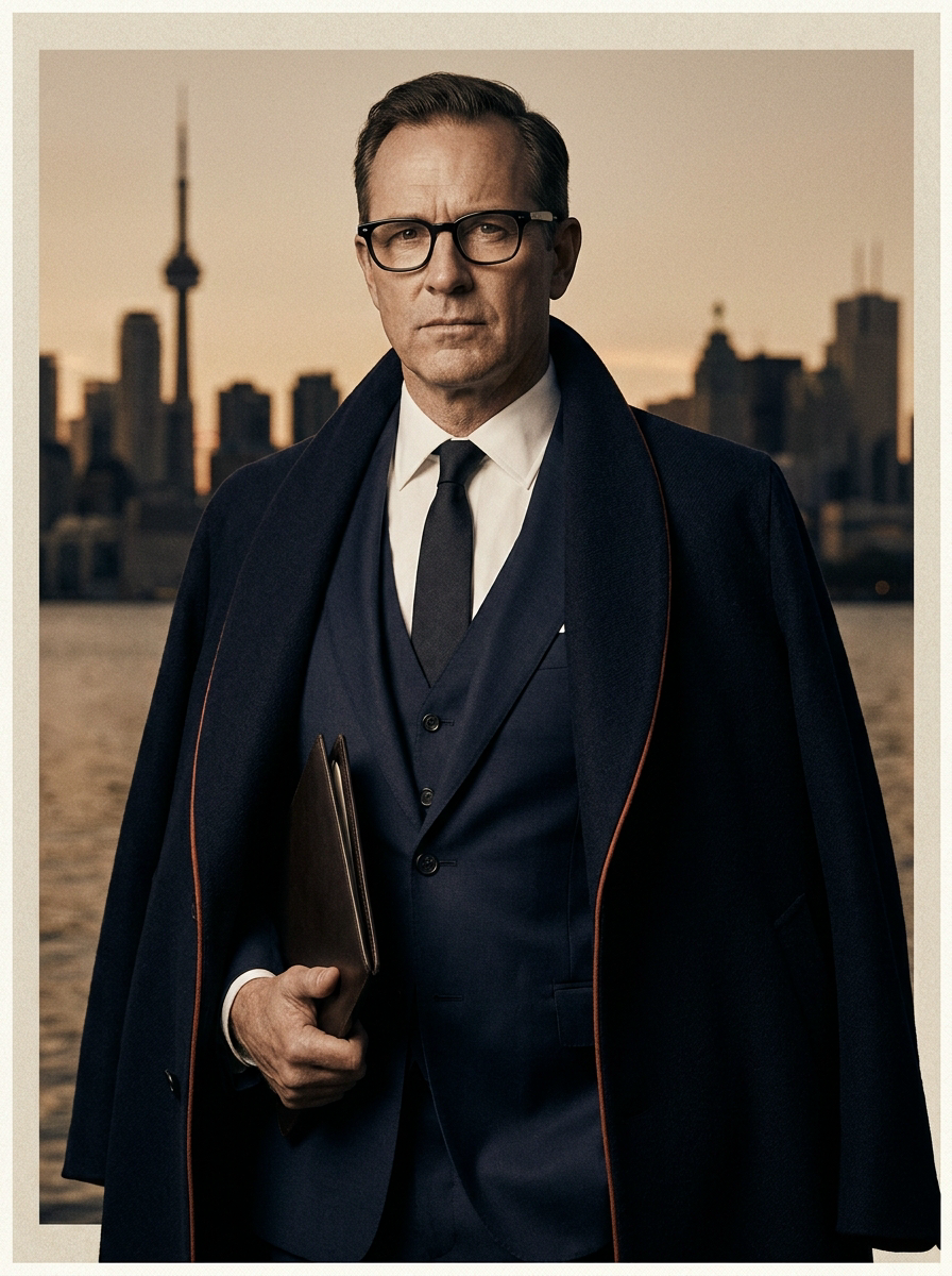 A 1960s-style Talkerstein operator in a navy suit and editorial mantle holding an executive brief before a muted Toronto skyline