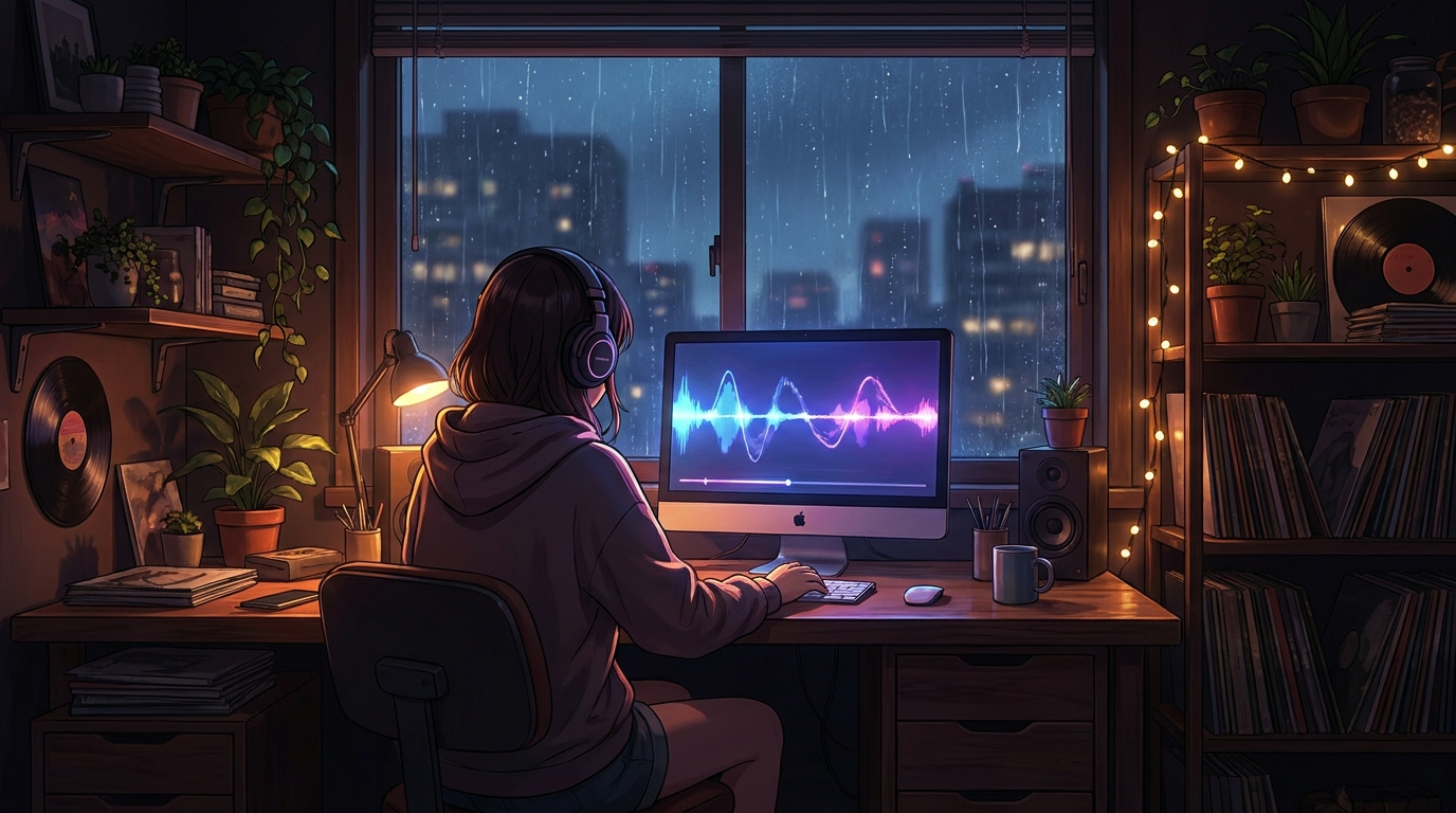 Lofi music stream setup with glowing monitor