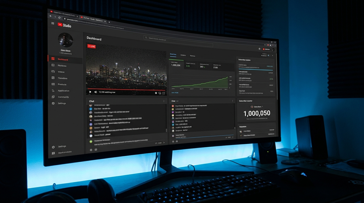 YouTube channel dashboard showing 12K concurrent live viewers