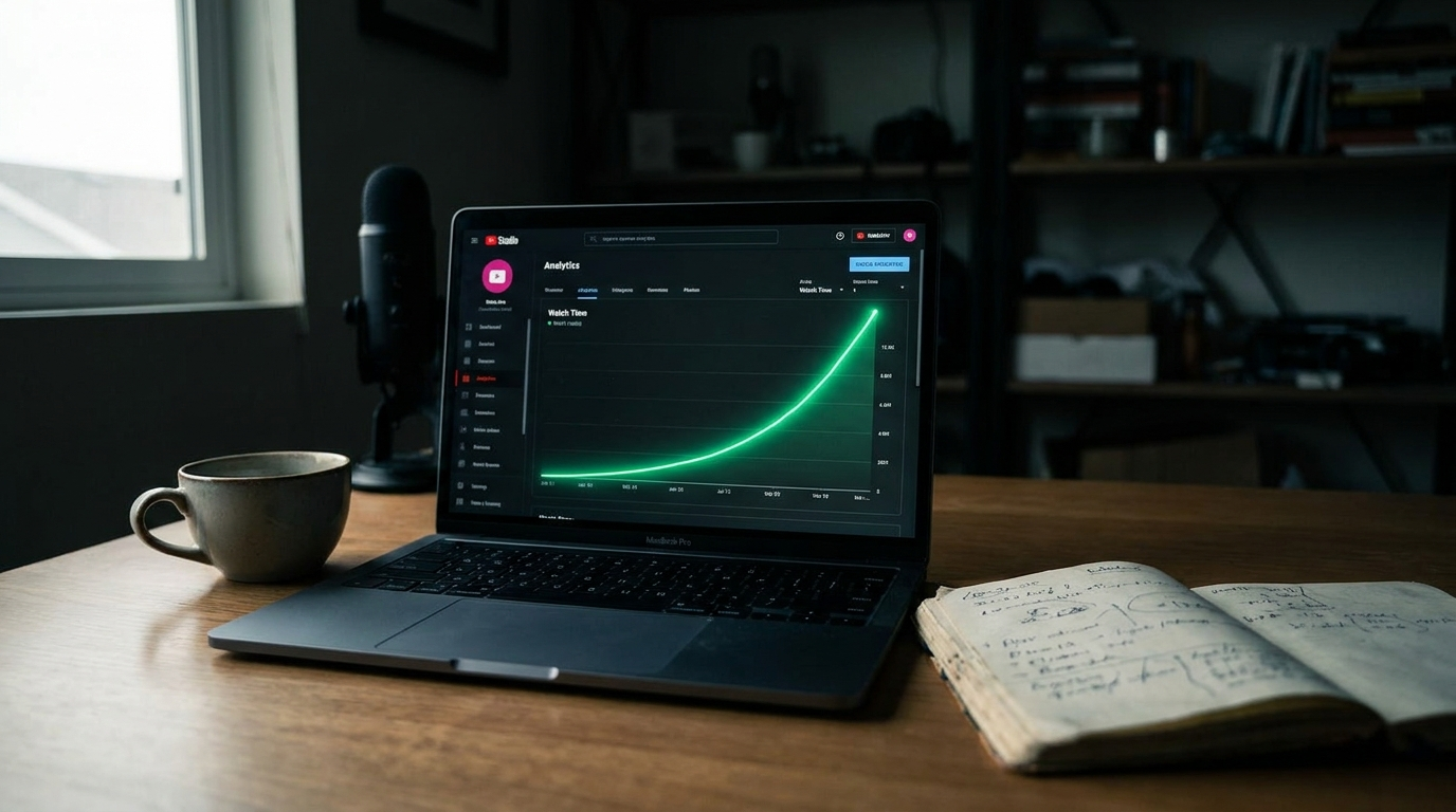YouTube Studio analytics showing channel growth curve on MacBook