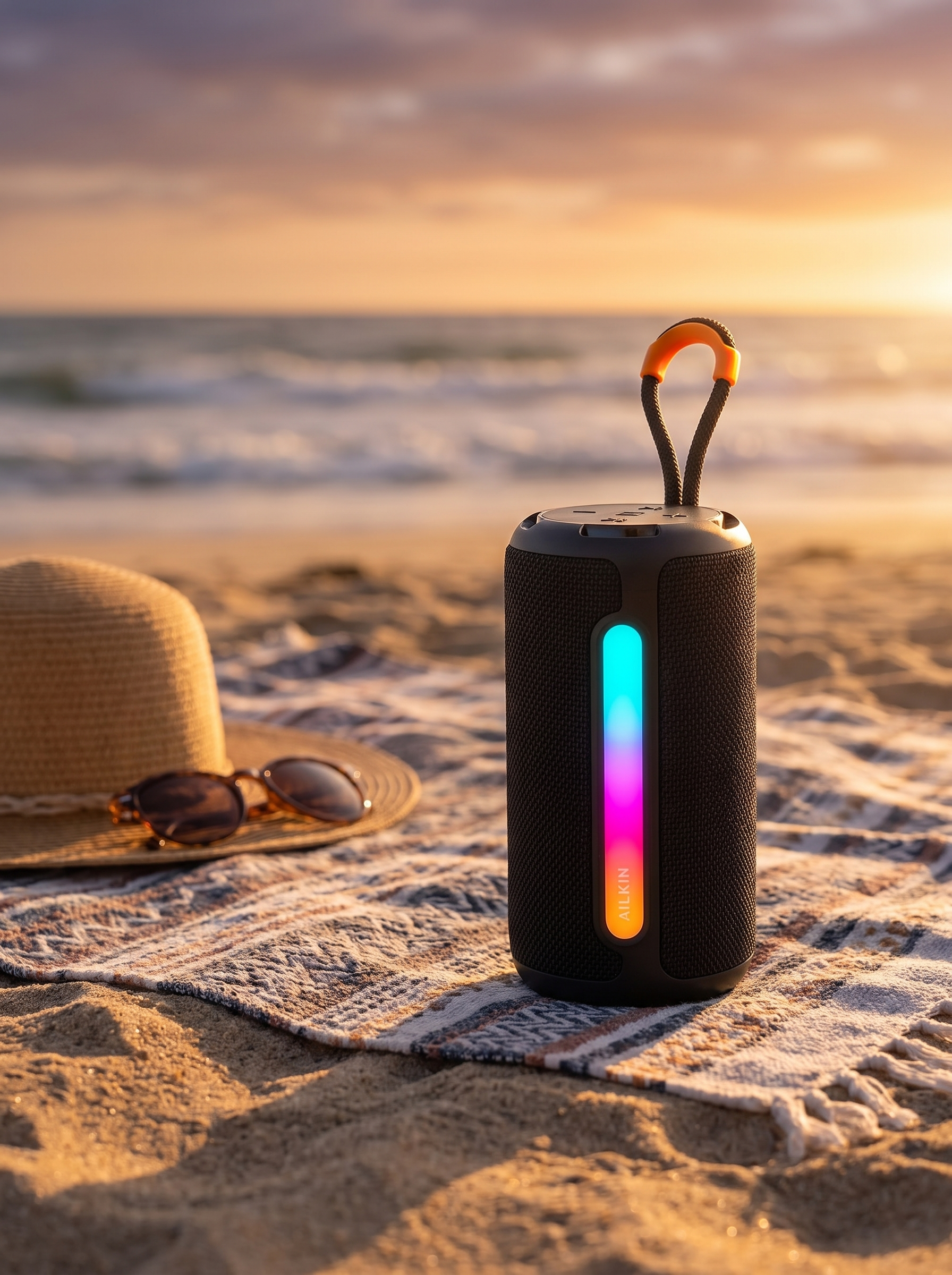 WAVEX speaker on a beach blanket