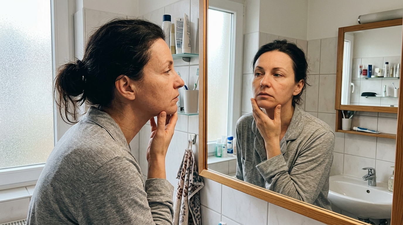 Frau schaut morgens in den Spiegel und berührt ihr Kinn