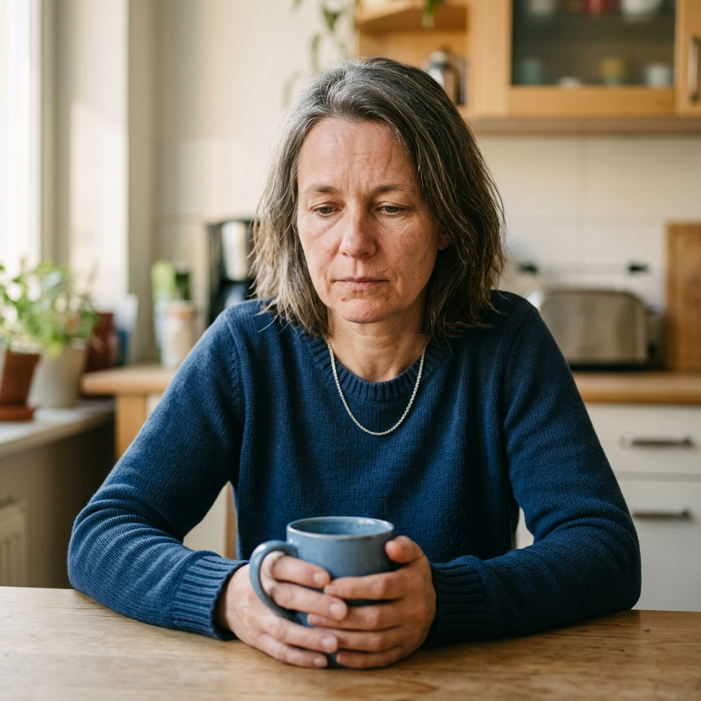 Frau am Morgen mit Kaffee, nachdenklich