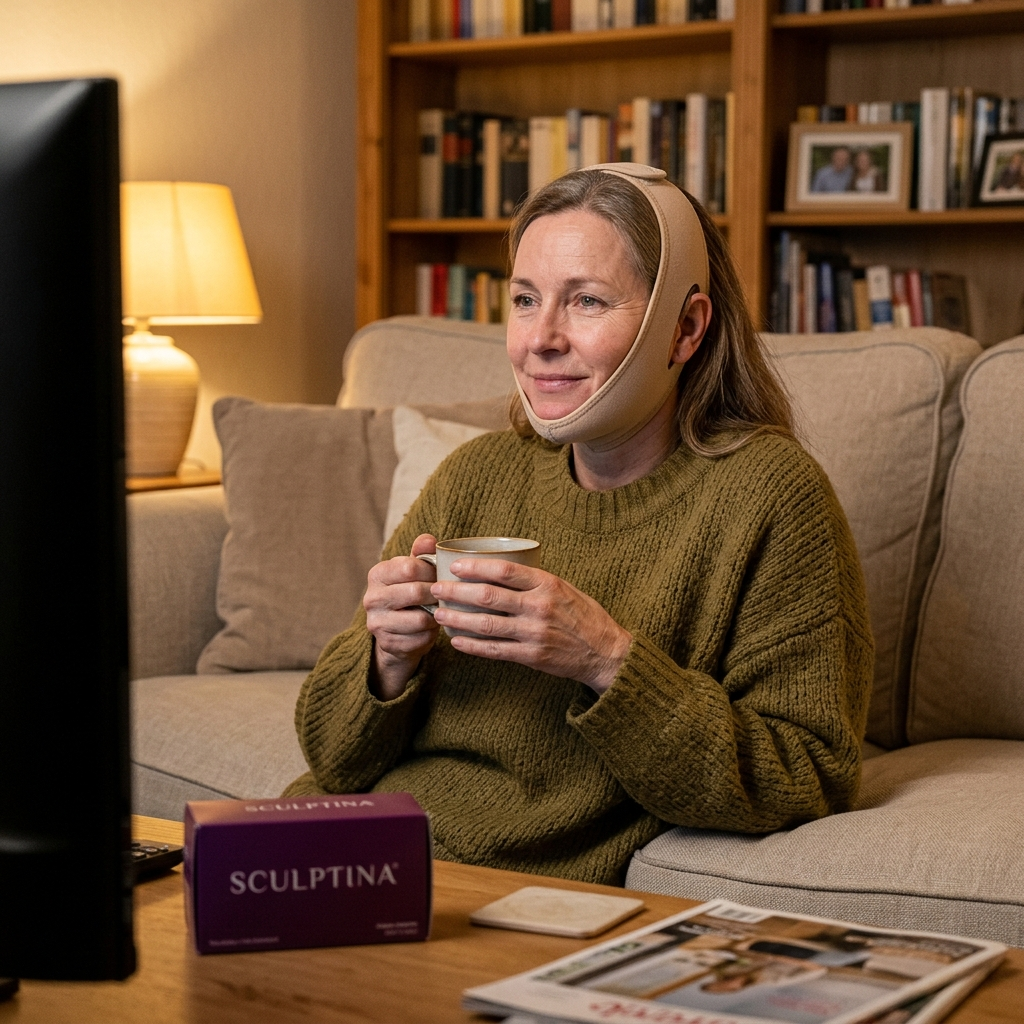 Frau sitzt entspannt auf dem Sofa und trägt den Sculptina Wrap