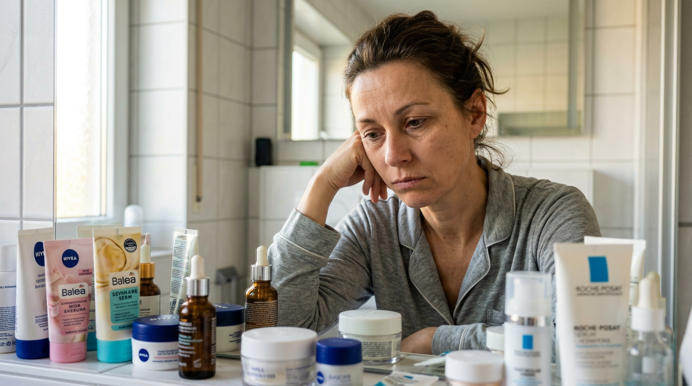 Frau sitzt frustriert vor vielen Hautpflegeprodukten die nicht geholfen haben