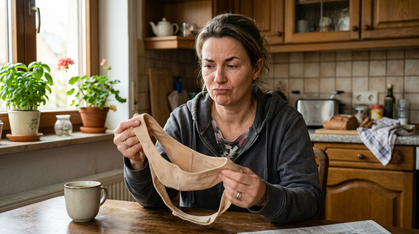 Frau schaut skeptisch auf einen Kinn-Wrap
