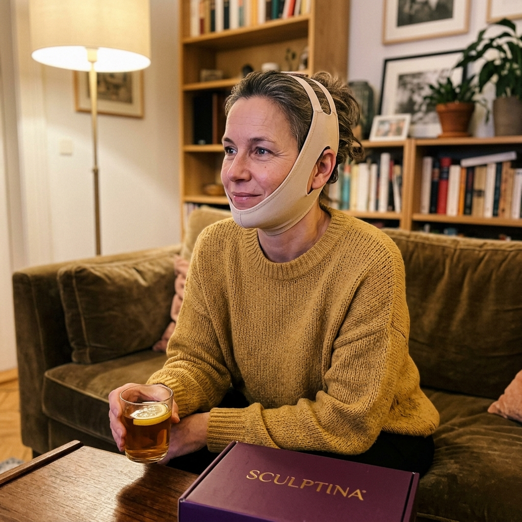 Frau trägt Sculptina Wrap entspannt auf dem Sofa