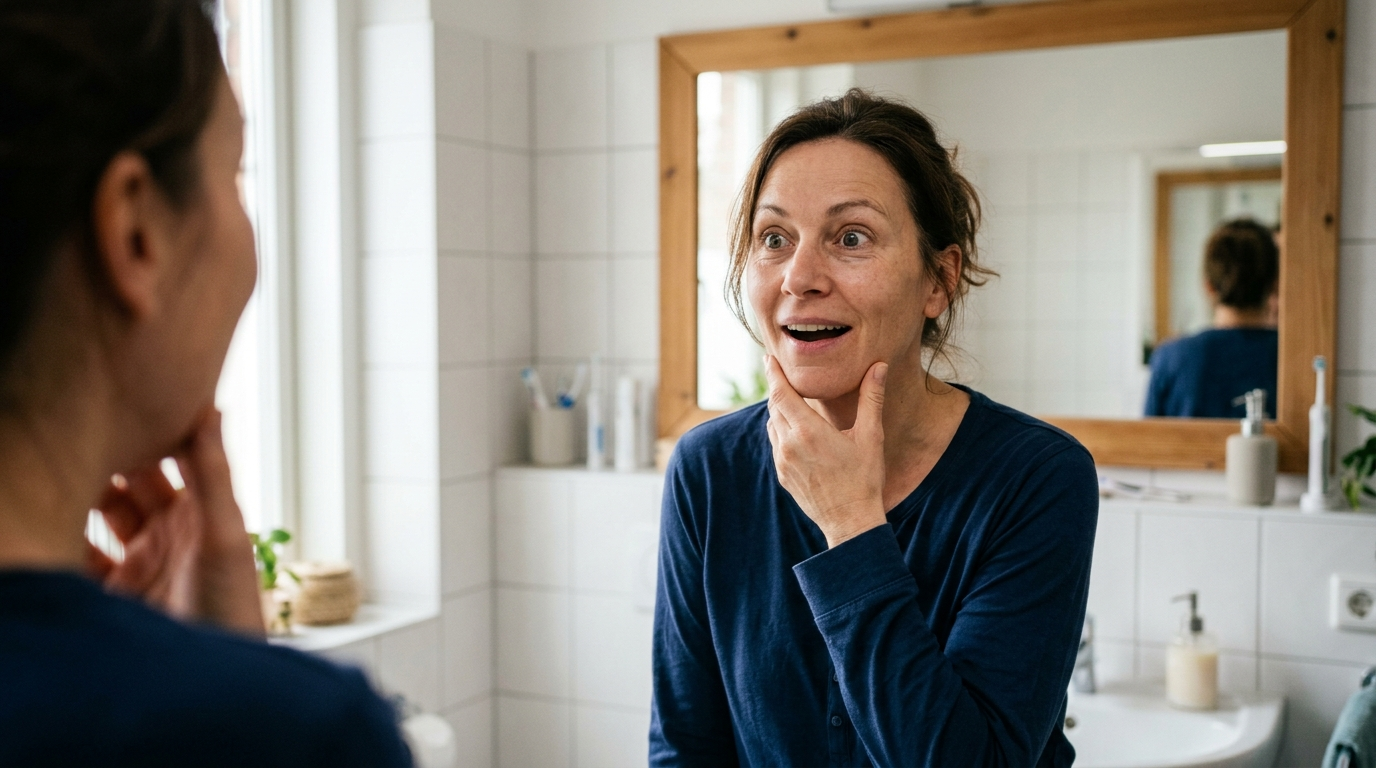Frau schaut überrascht und glücklich in den Spiegel und berührt ihre Kinnlinie
