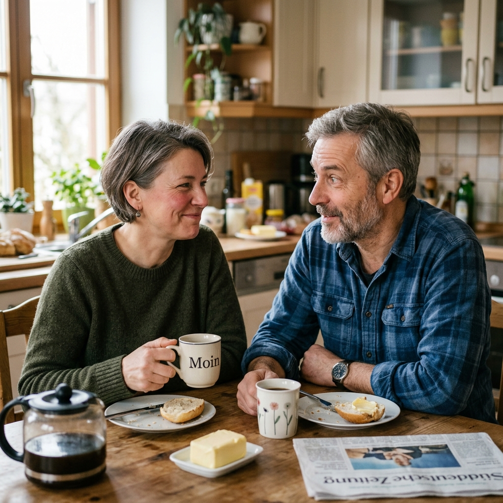 Paar am Frühstückstisch — Mann schaut seine Frau bewundernd an
