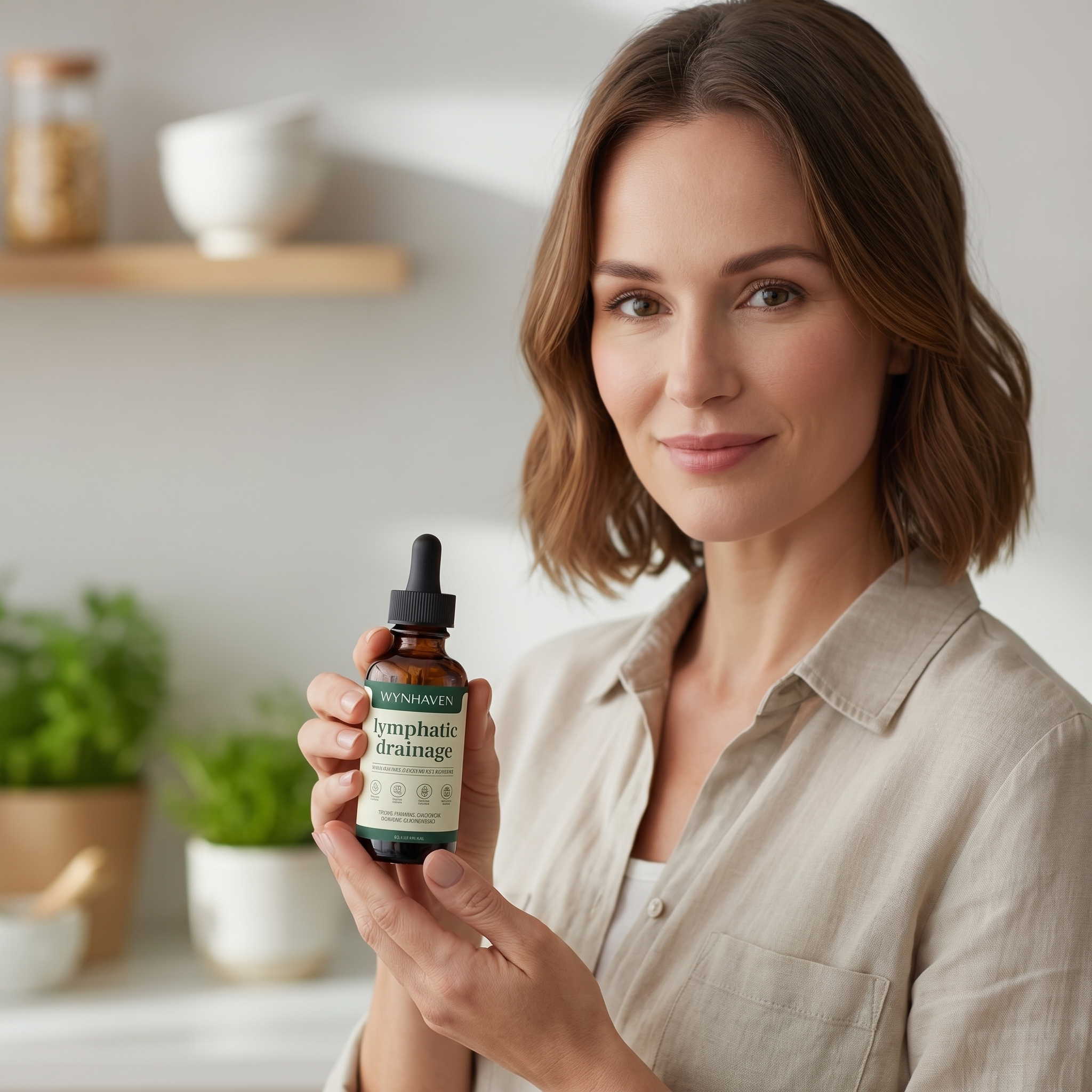 Woman holding Wynhaven lymphatic drainage drops