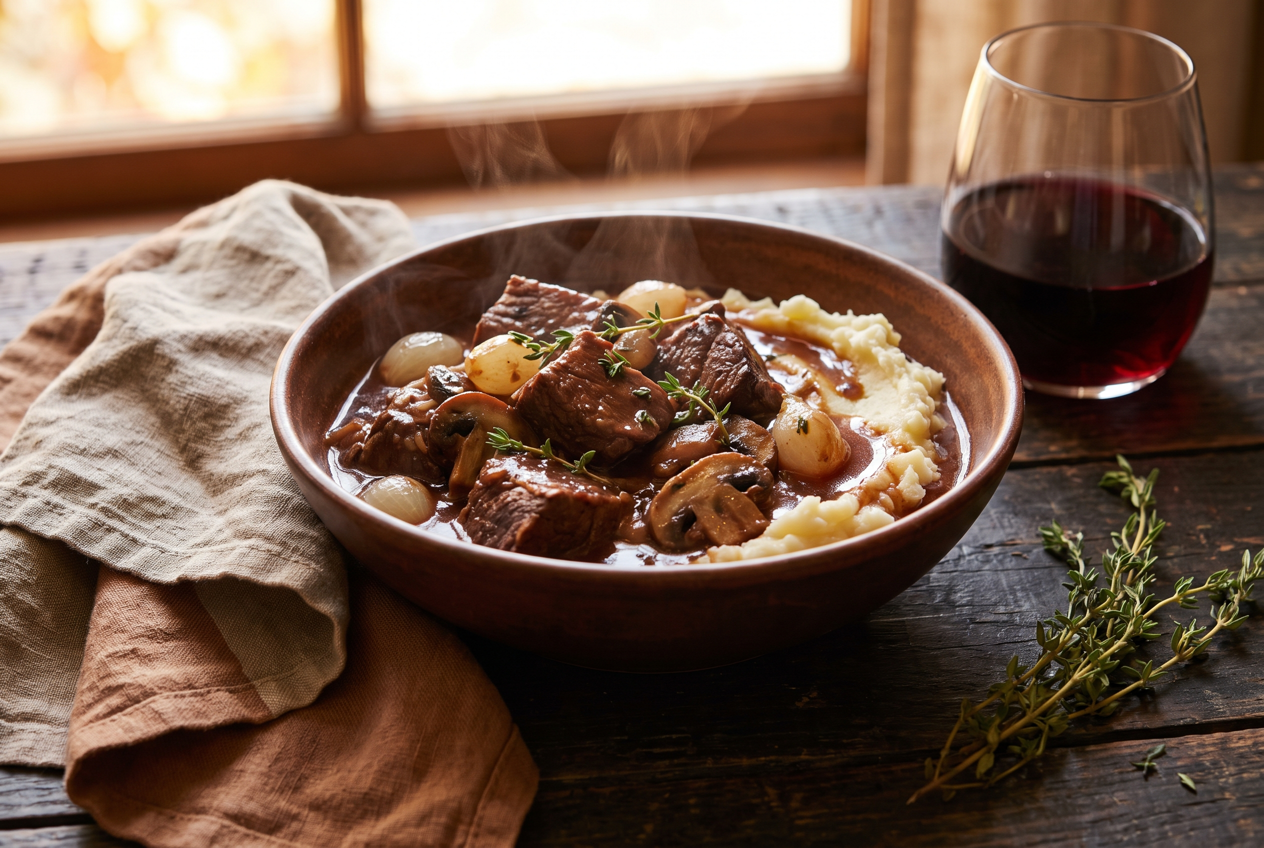 A rustic bowl of slow-cooker beef and mushrooms in red wine gravy over mashed potatoes, garnished with thyme