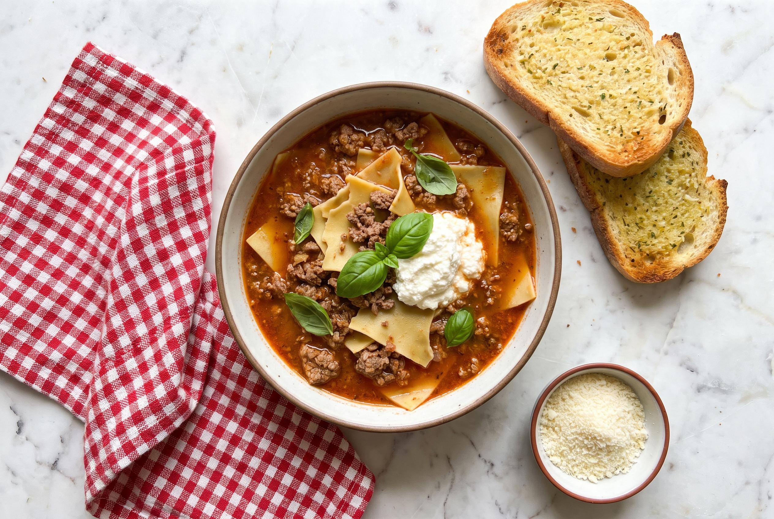 A rustic bowl of lasagna soup with ground beef, broken noodles, ricotta, mozzarella, and fresh basil