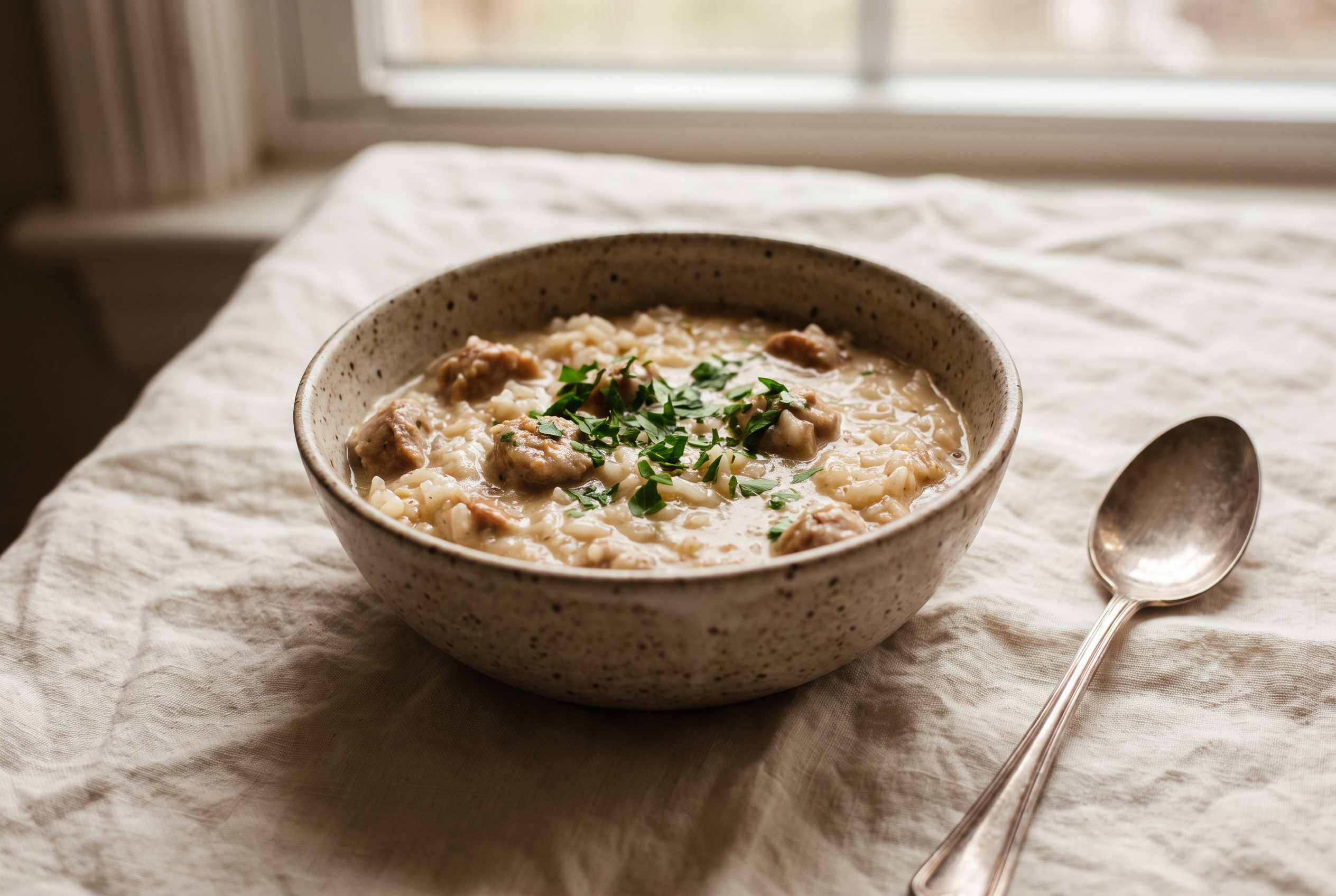 A skillet of creamy sausage and rice with browned smoked sausage and parsley