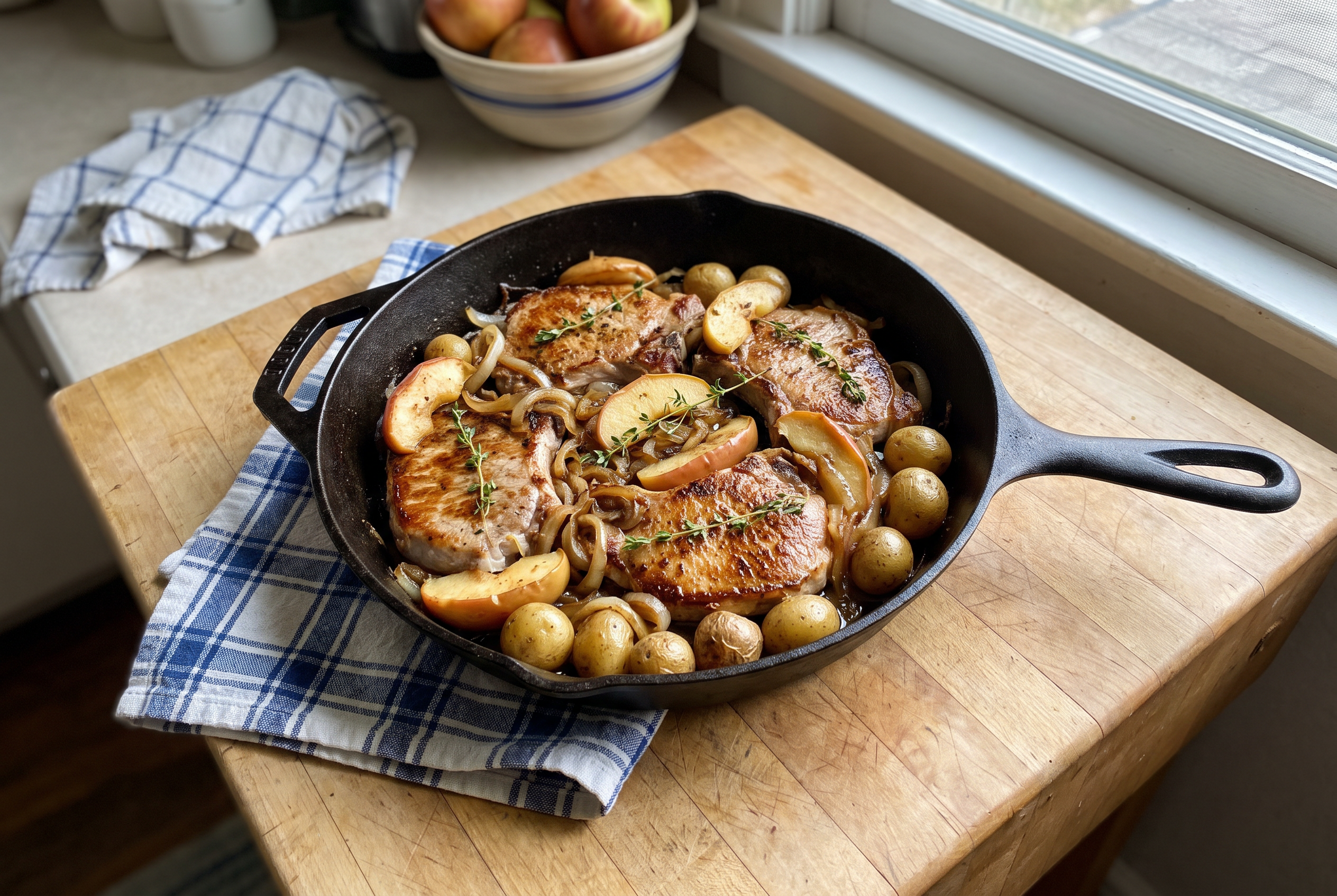 A pan of seared pork chops with sliced apples, onions, and baby potatoes with herbs