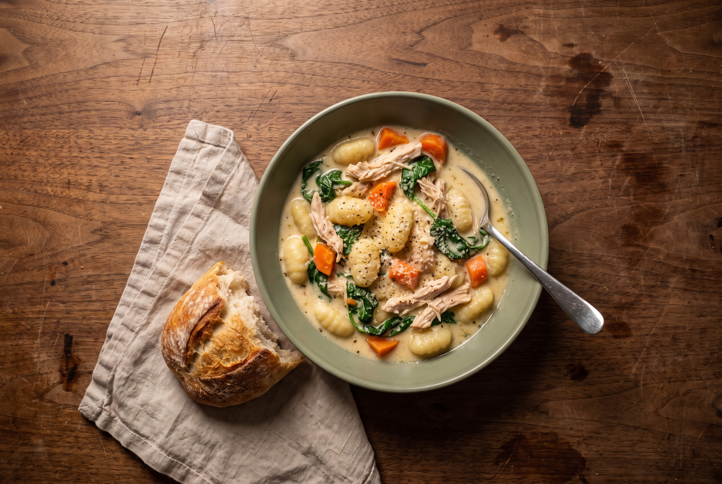 A bowl of creamy chicken gnocchi soup with gnocchi, shredded chicken, carrots, and spinach