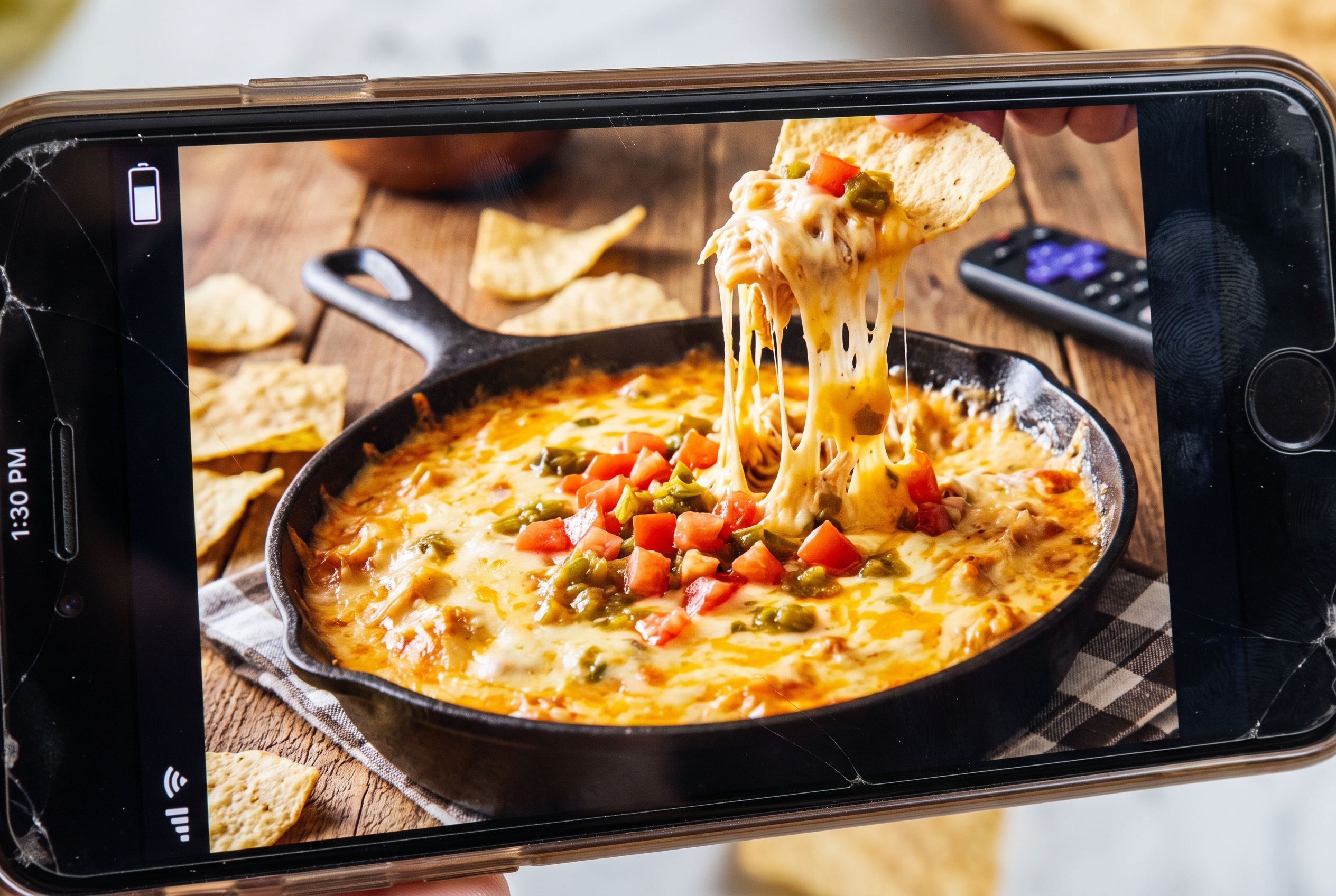 A skillet of cheesy chicken queso dip with a tortilla chip pulling up a melty scoop