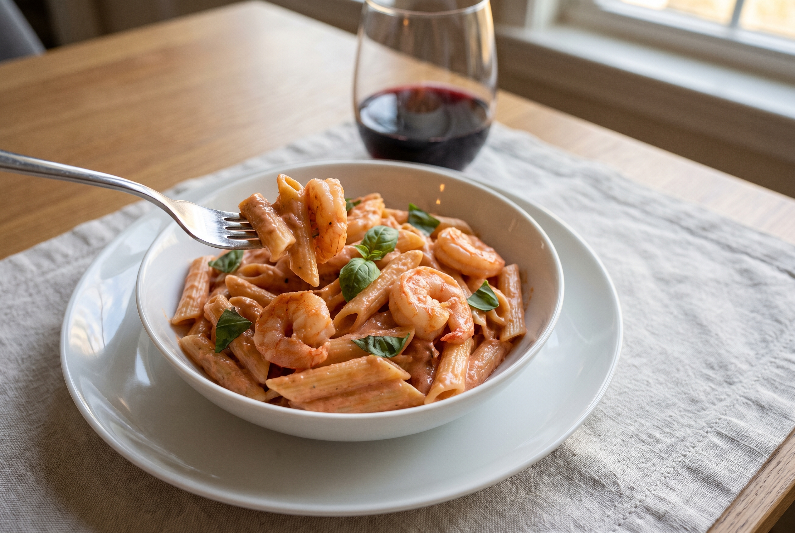 A bowl of creamy shrimp vodka pasta with penne in blush pink sauce, shrimp, and basil