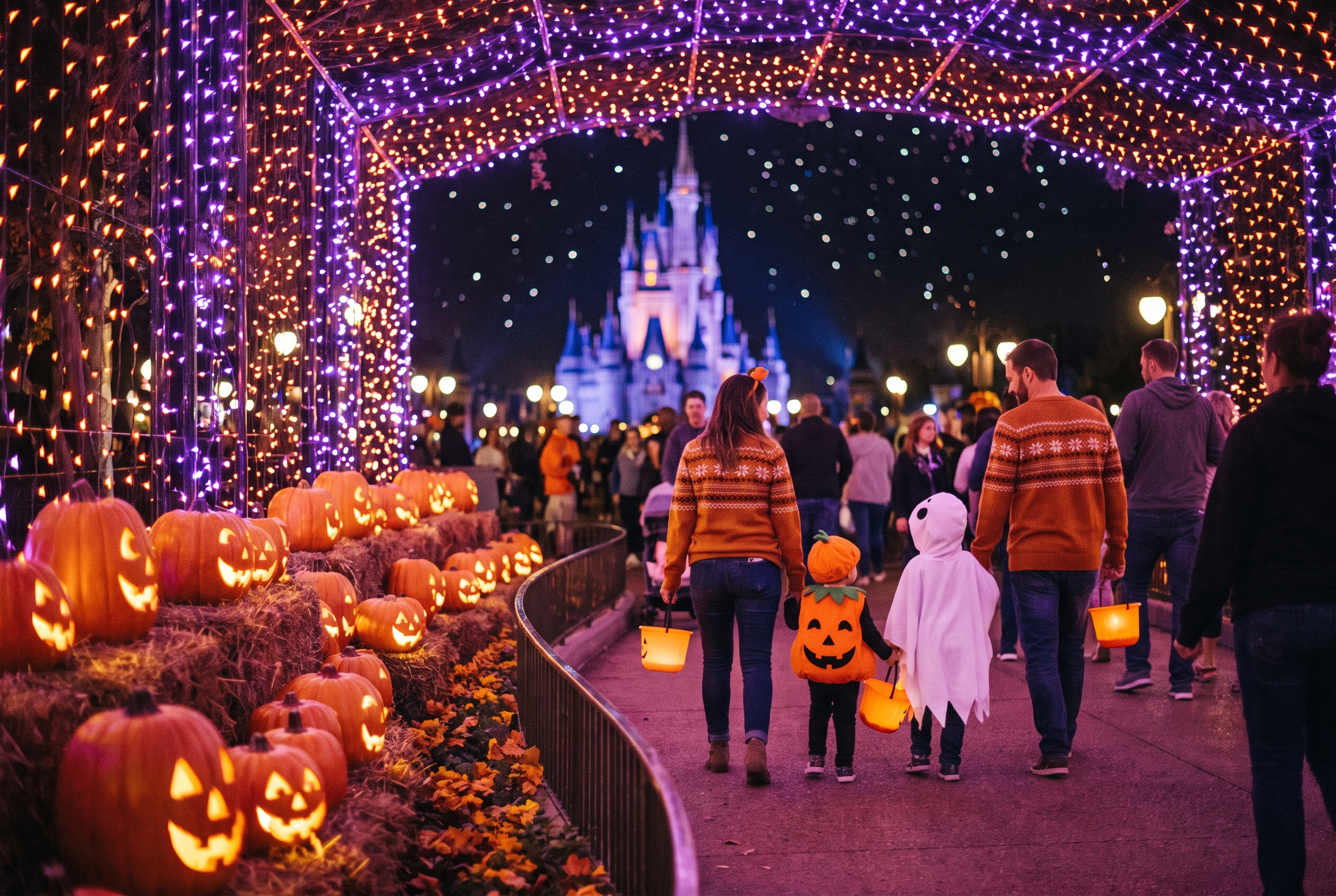 A theme park lit up for Halloween at night with glowing pumpkins, purple and orange lights, and a family in costume